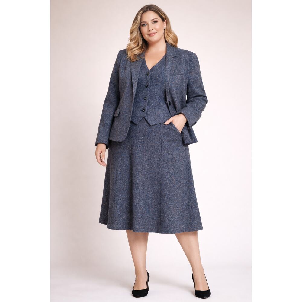 Womens Large Blue Wool 3 Piece Suit Jacket Vest Skirt Vintage Tailored Set